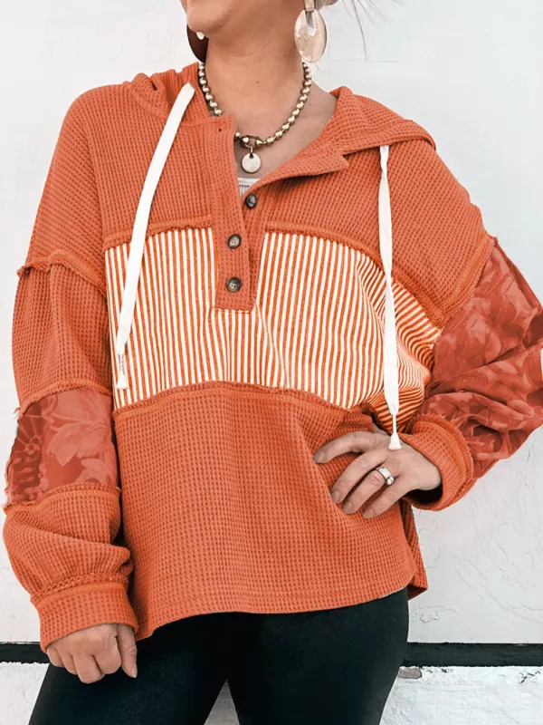 Waffle Knit Color Block Striped Drawstring Hoodie sold by Charming Charlie