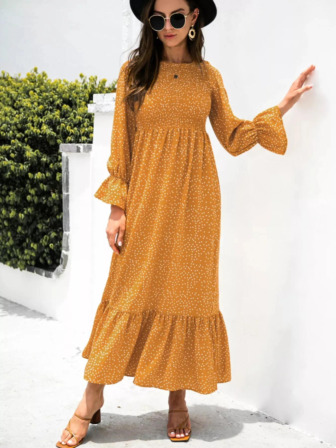 Ruffled Printed Long Sleeve Maxi Dress sold by Charming Charlie