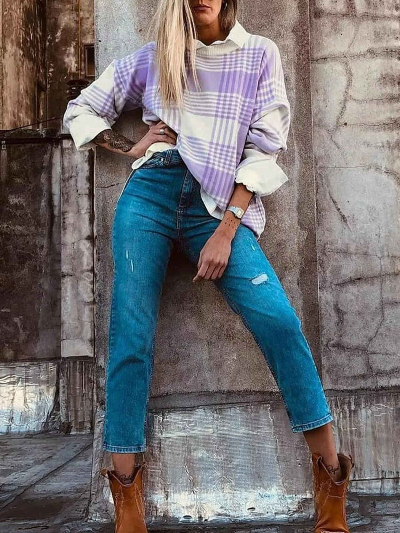 Plaid Round Neck Long Sleeve Sweater sold by Charming Charlie product image thumbnail 2