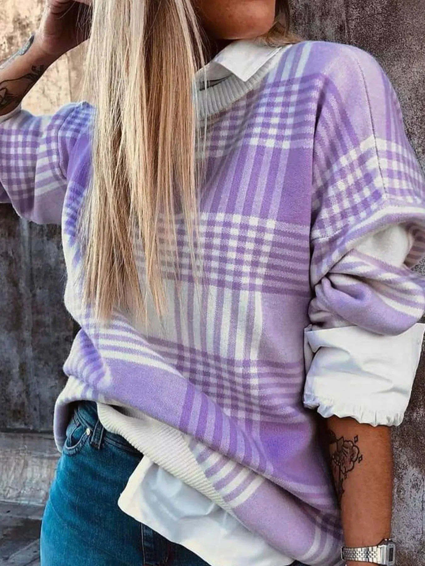 Plaid Round Neck Long Sleeve Sweater sold by Charming Charlie product image thumbnail 3