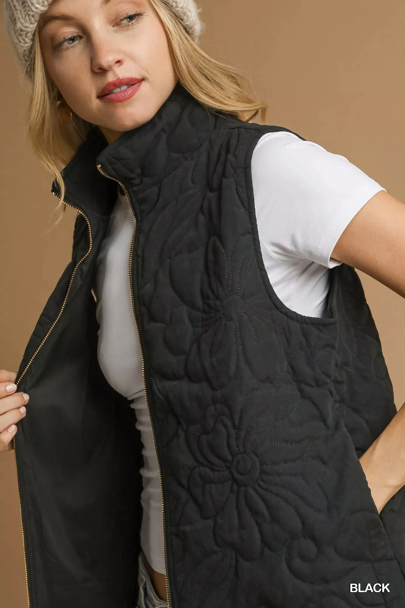 Umgee Quilted Floral Zip Up Vest with Pockets sold by Charming Charlie product image thumbnail 5