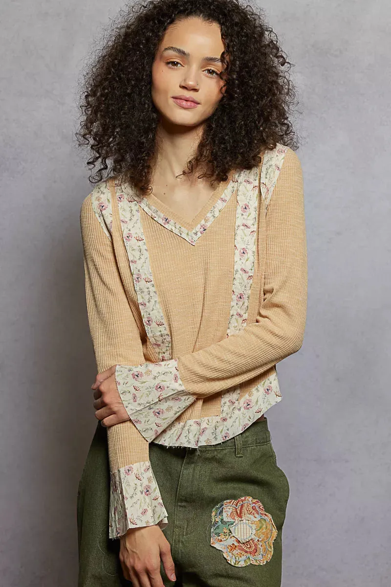 POL Floral Patch V-Neck Long Sleeve Ribbed Top sold by Charming Charlie product image thumbnail 2