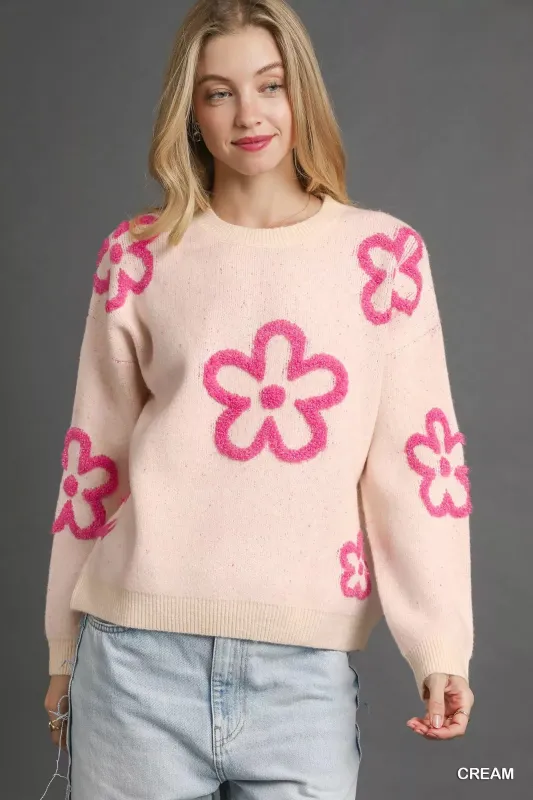 Umgee Round Neck Sweater with Pink Floral Accents sold by Charming Charlie