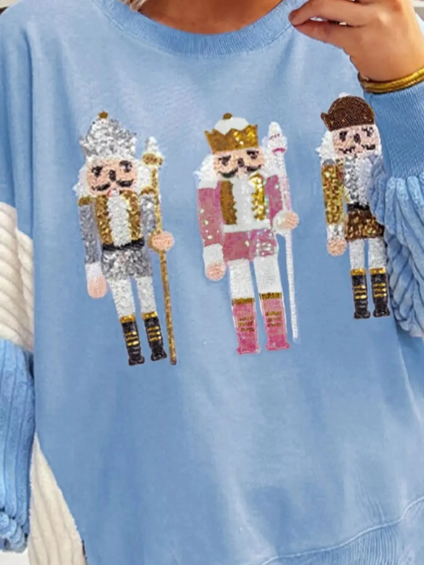 Christmas Sequin Nutcracker Textured Sleeve Patchwork Color Block Sweatshirt sold by Charming Charlie product image thumbnail 2