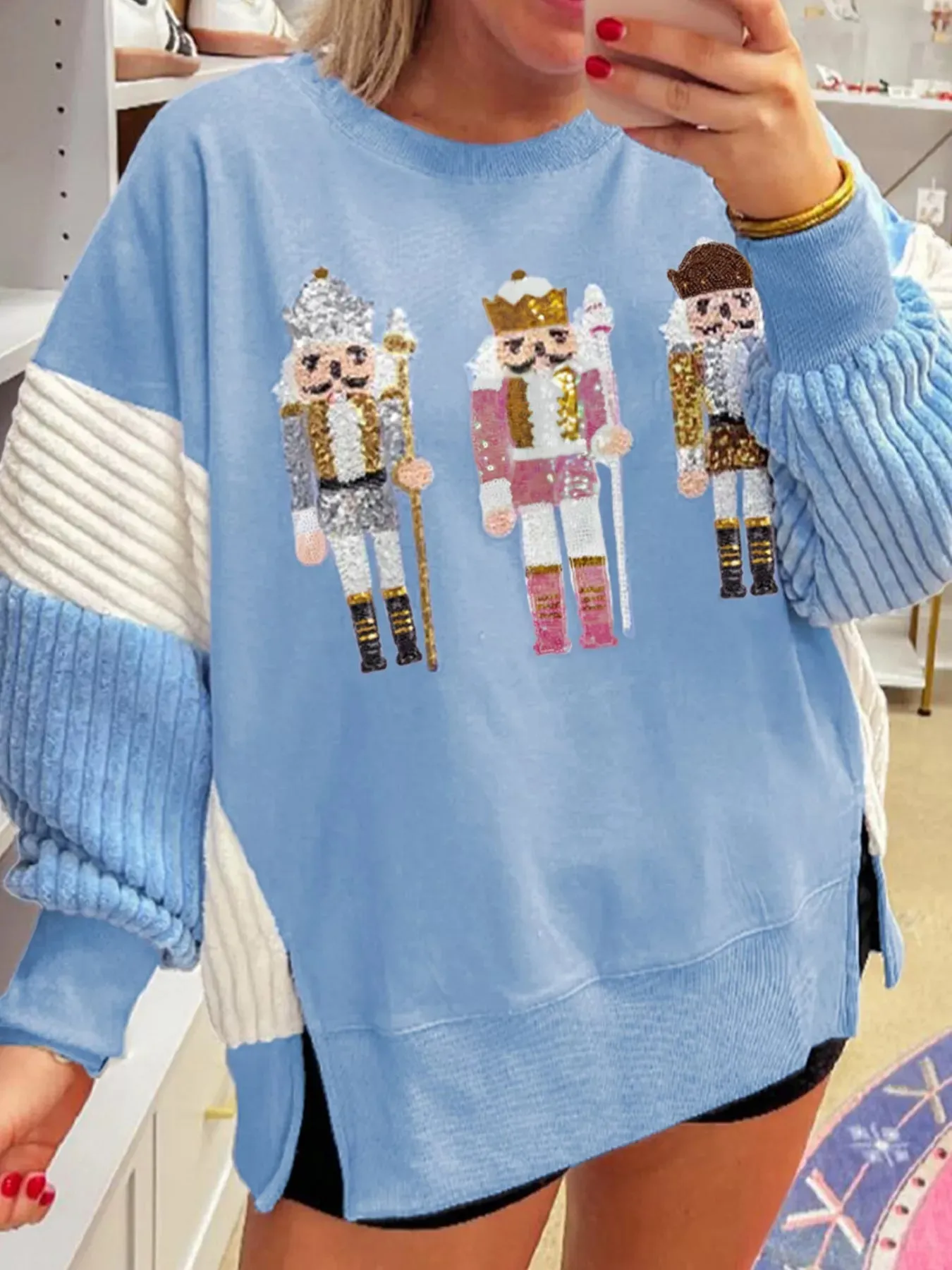 Christmas Sequin Nutcracker Textured Sleeve Patchwork Color Block Sweatshirt sold by Charming Charlie product image thumbnail 3