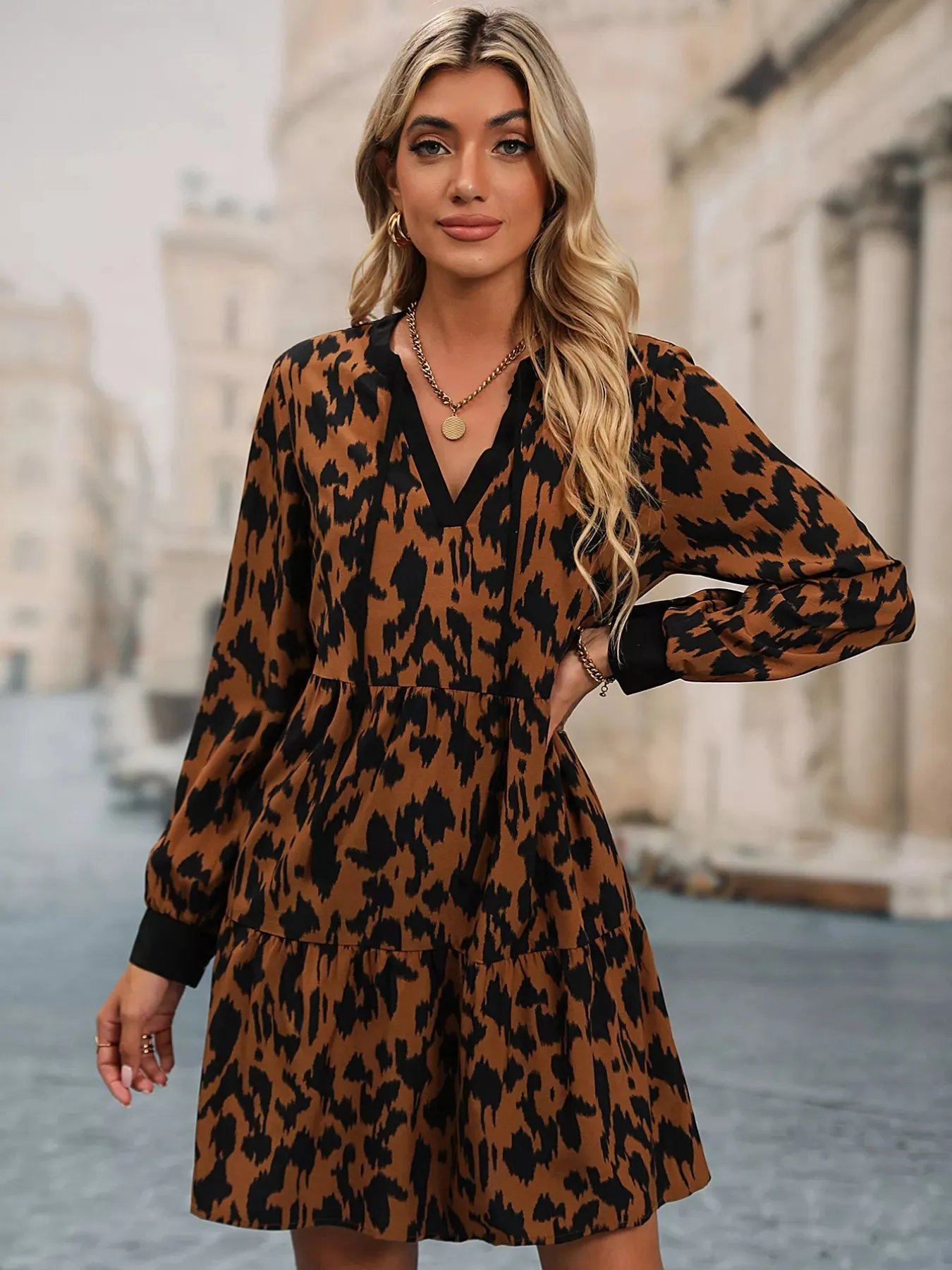 Leopard Tie Neck Long Sleeve Dress sold by Charming Charlie product image thumbnail 5