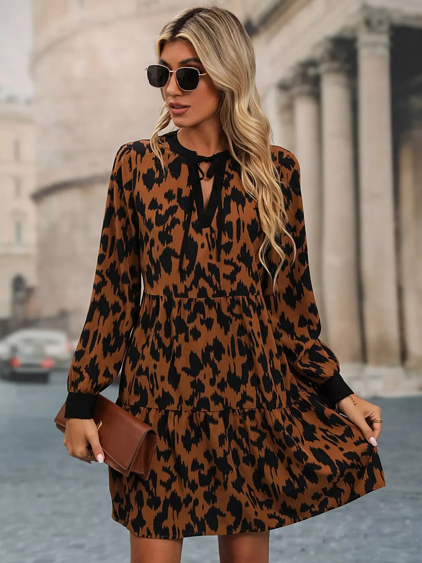 Leopard Tie Neck Long Sleeve Dress sold by Charming Charlie product image thumbnail 3