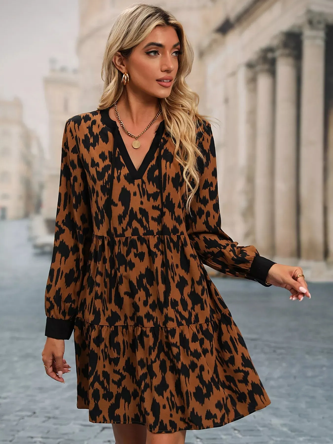 Leopard Tie Neck Long Sleeve Dress sold by Charming Charlie product image thumbnail 4