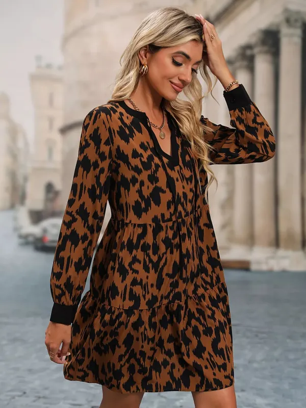 Leopard Tie Neck Long Sleeve Dress sold by Charming Charlie