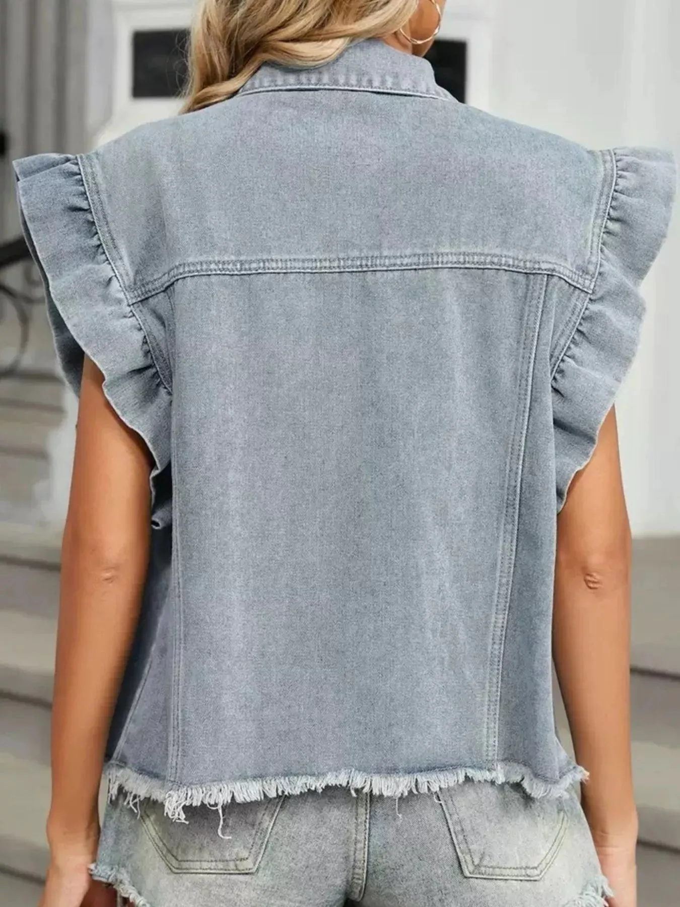 Ruffled Raw Hem Button Up Denim Jacket sold by Charming Charlie product image thumbnail 5