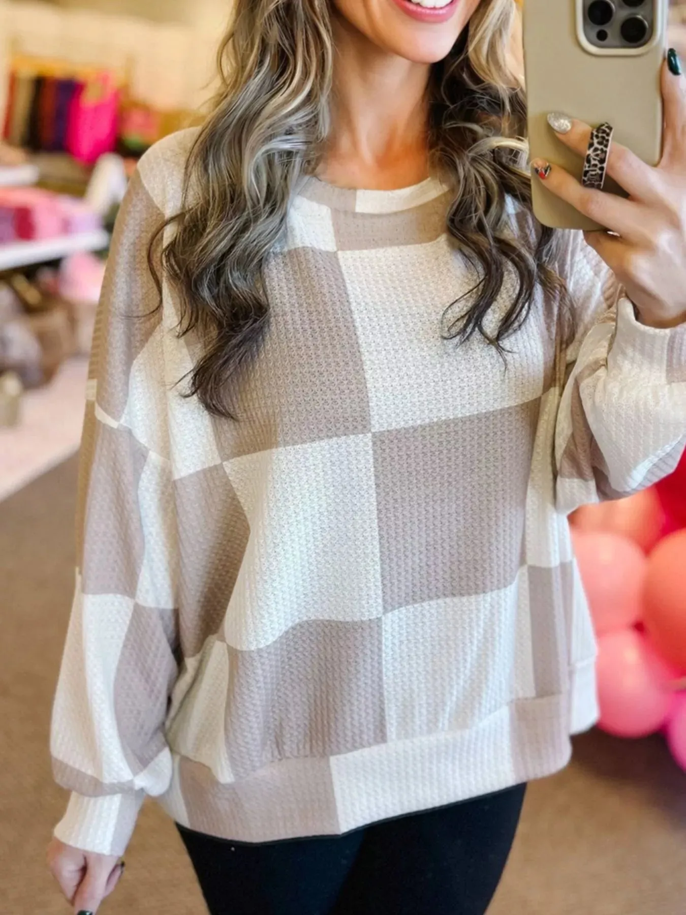 Checkered Breathable Textured Long Sleeve Top sold by Charming Charlie product image thumbnail 3