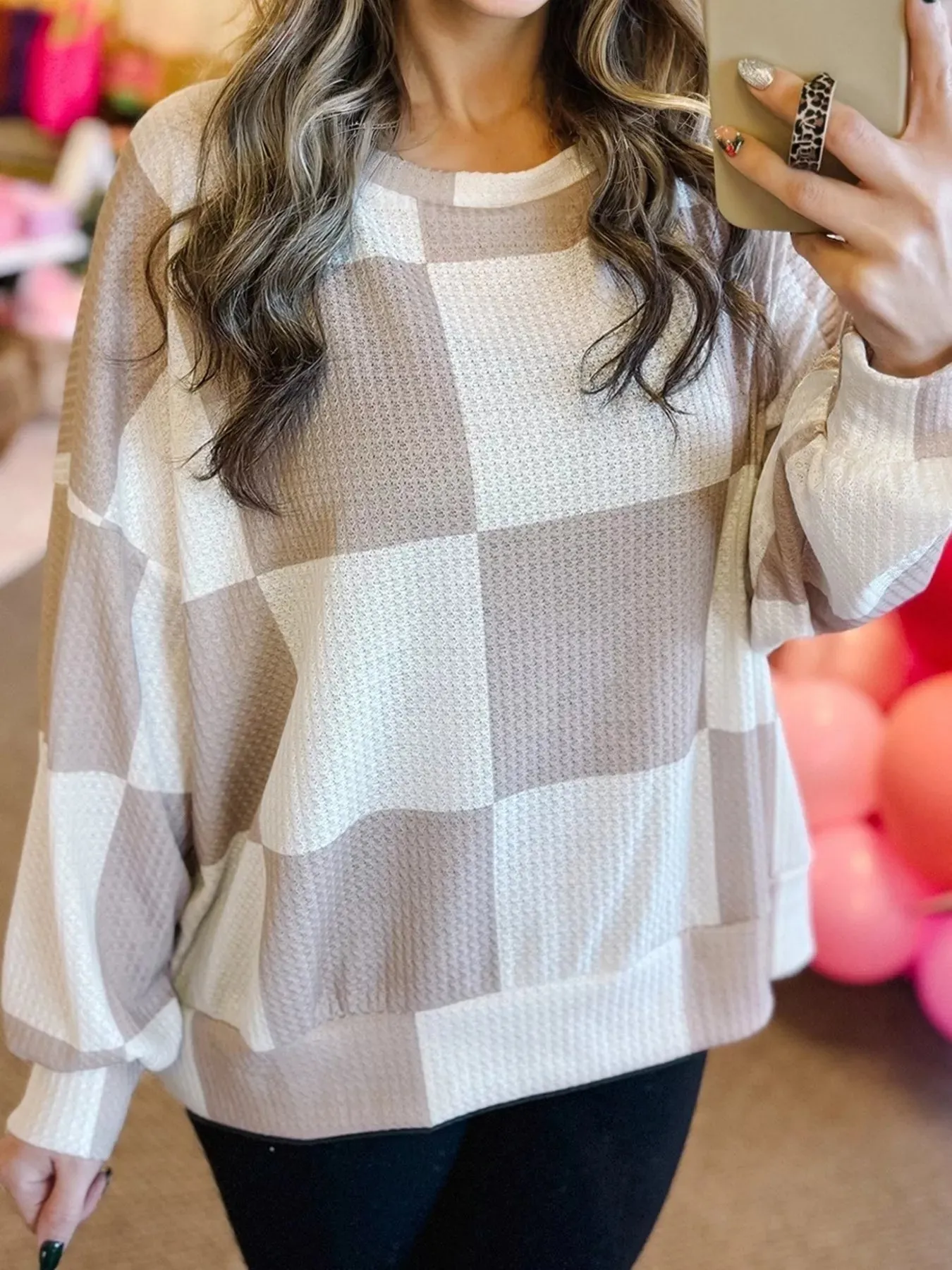 Checkered Breathable Textured Long Sleeve Top sold by Charming Charlie