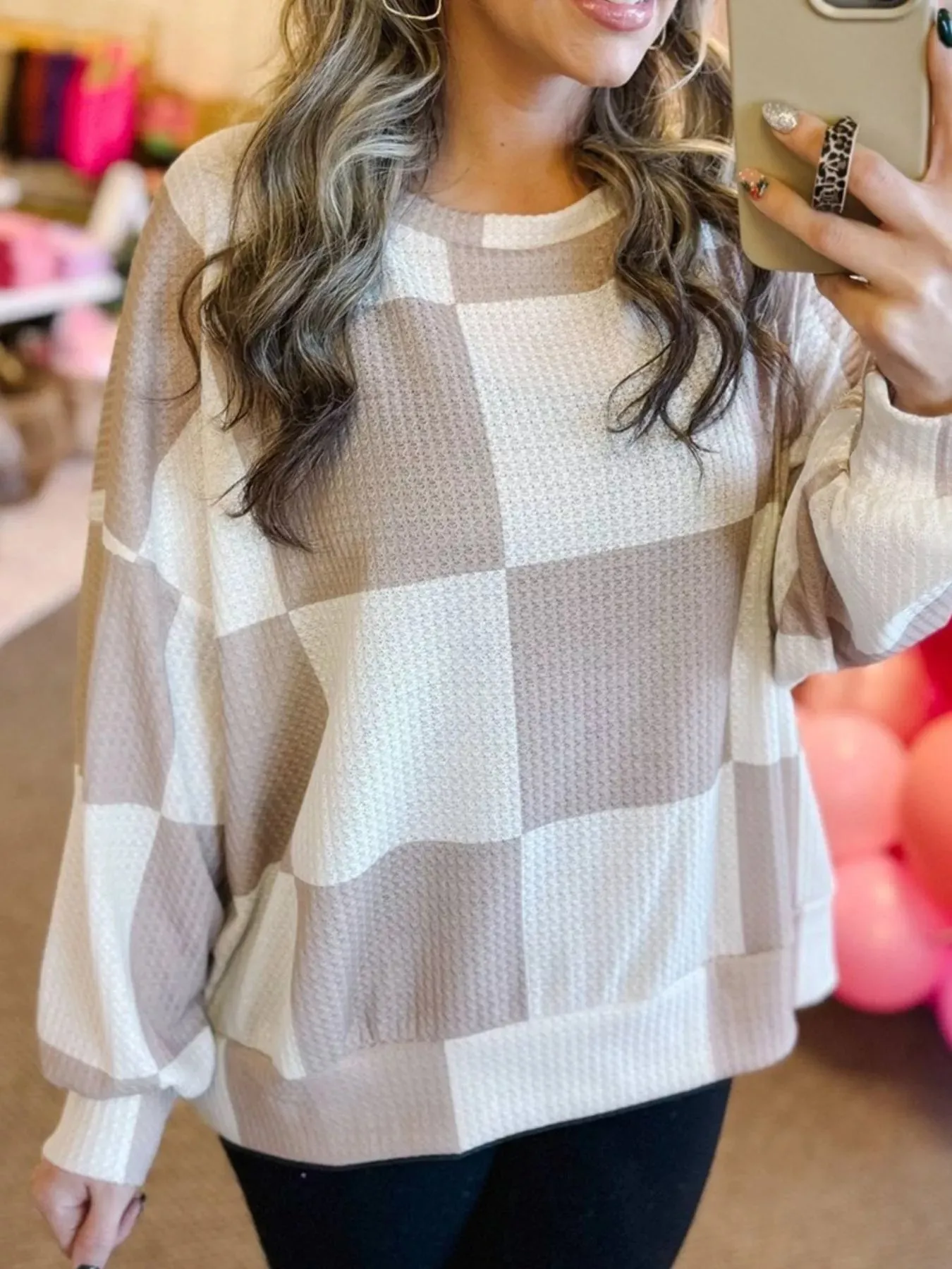 Checkered Breathable Textured Long Sleeve Top sold by Charming Charlie product image thumbnail 2