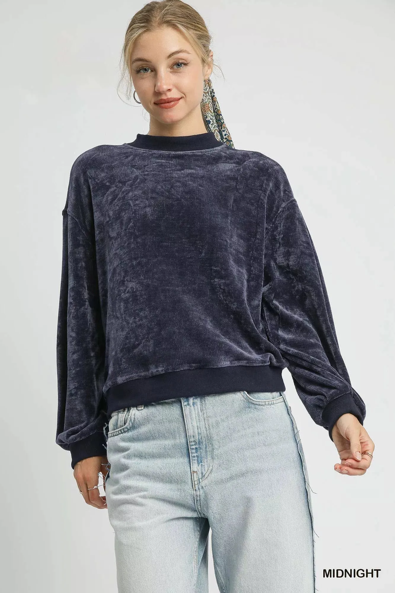 Umgee Velour Crewneck Balloon Sleeve Sweatshirt sold by Charming Charlie