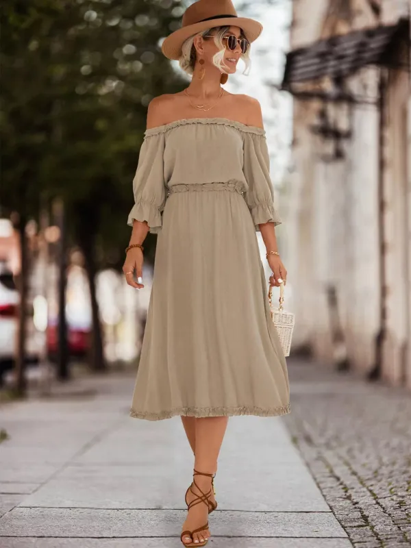 Off-Shoulder Flounce Sleeve Midi Dress sold by Charming Charlie