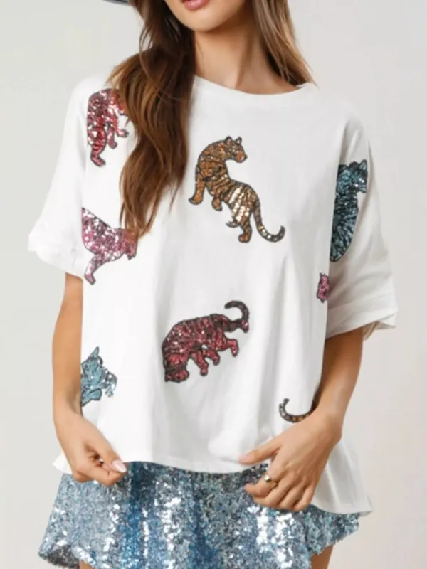 Sequin Tiger Round Neck T-Shirt sold by Charming Charlie