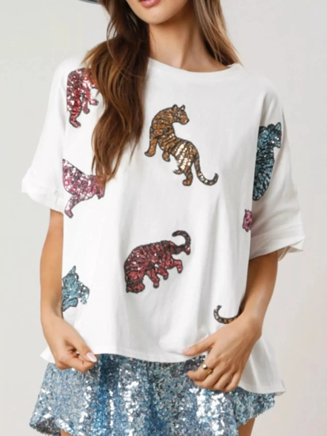 Sequin Tiger Round Neck T-Shirt sold by Charming Charlie