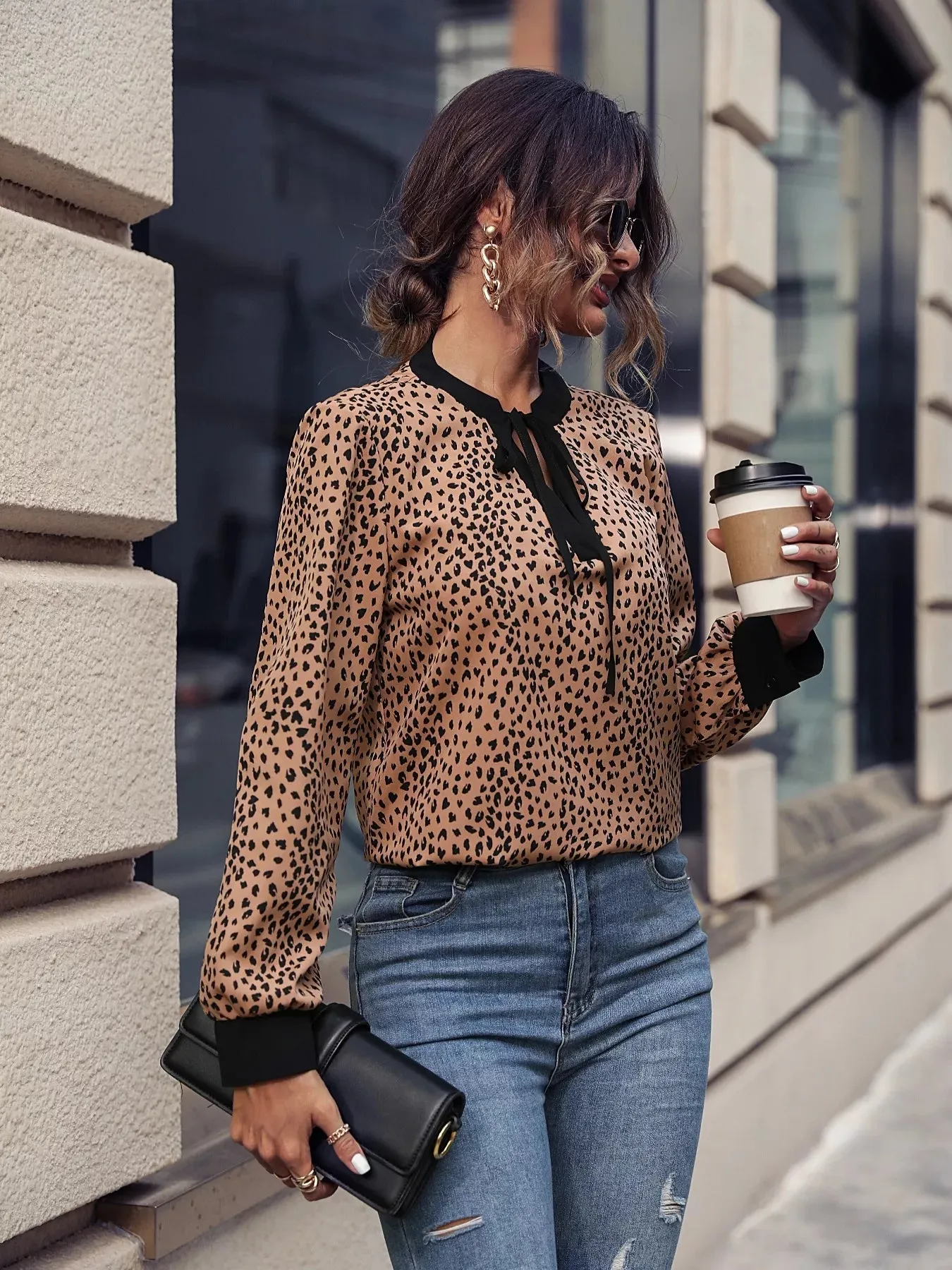 Animal Print Contrast Trim Tie Front Blouse sold by Charming Charlie product image thumbnail 4