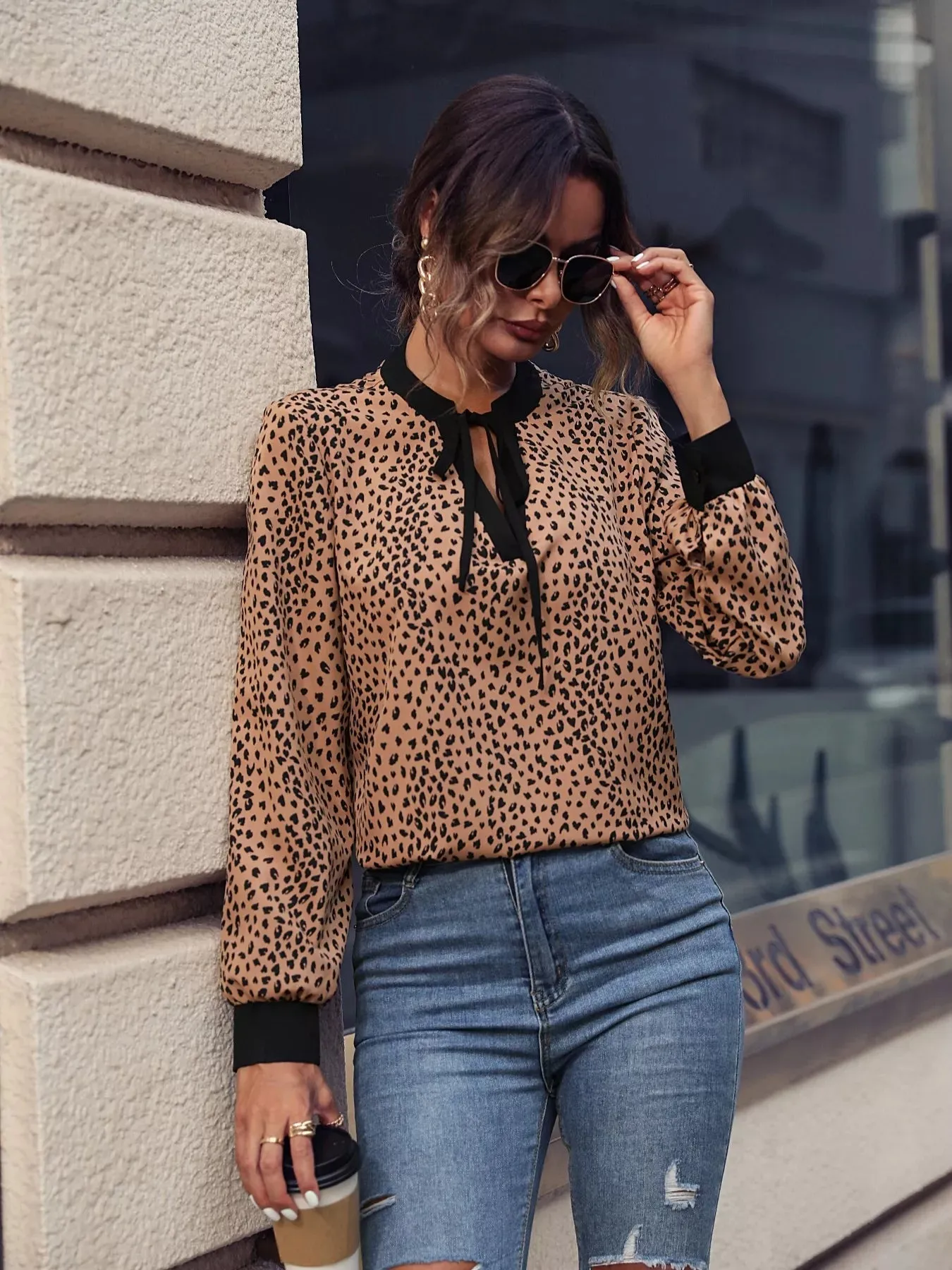Animal Print Contrast Trim Tie Front Blouse sold by Charming Charlie product image thumbnail 5