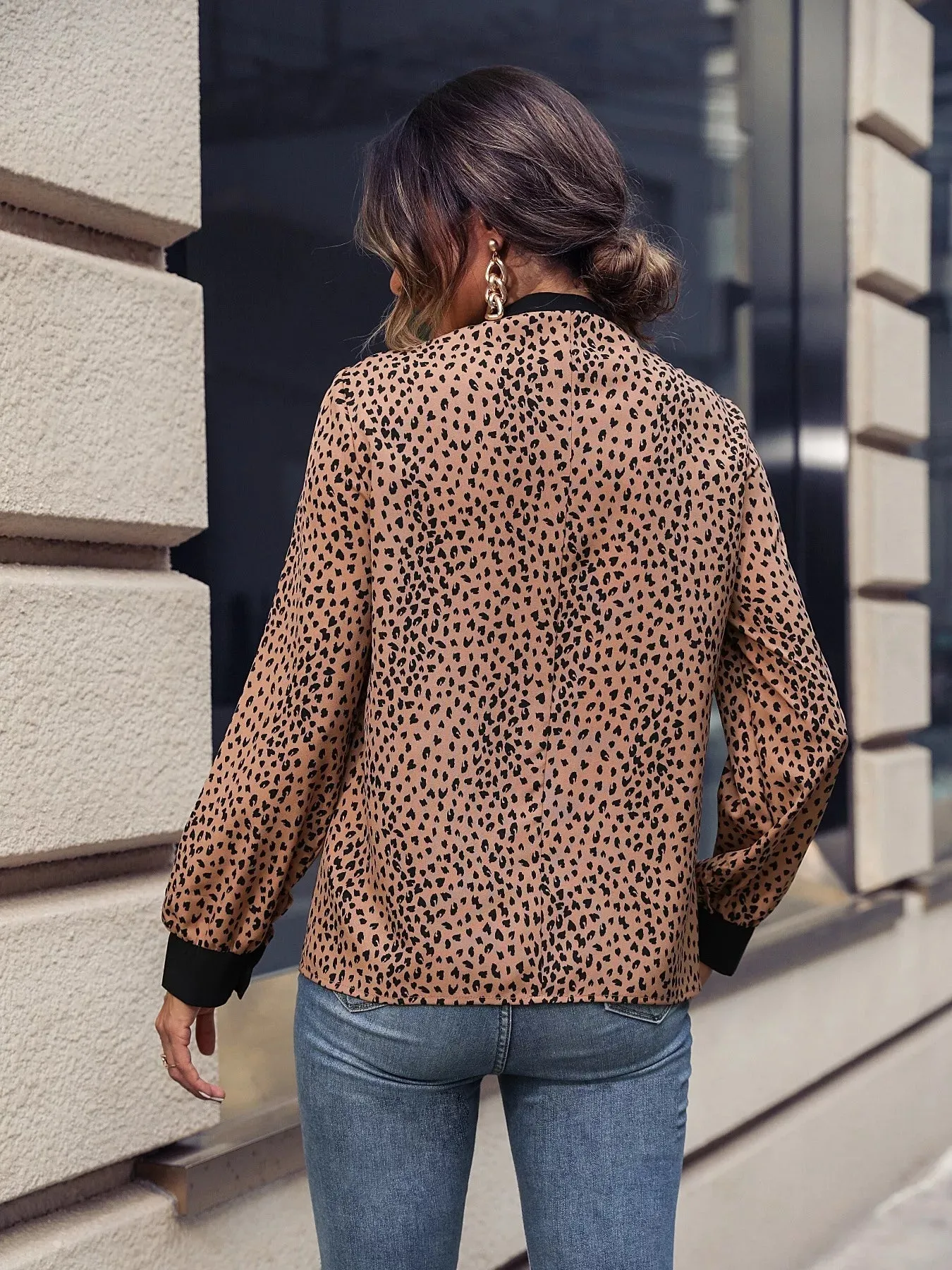 Animal Print Contrast Trim Tie Front Blouse sold by Charming Charlie product image thumbnail 2