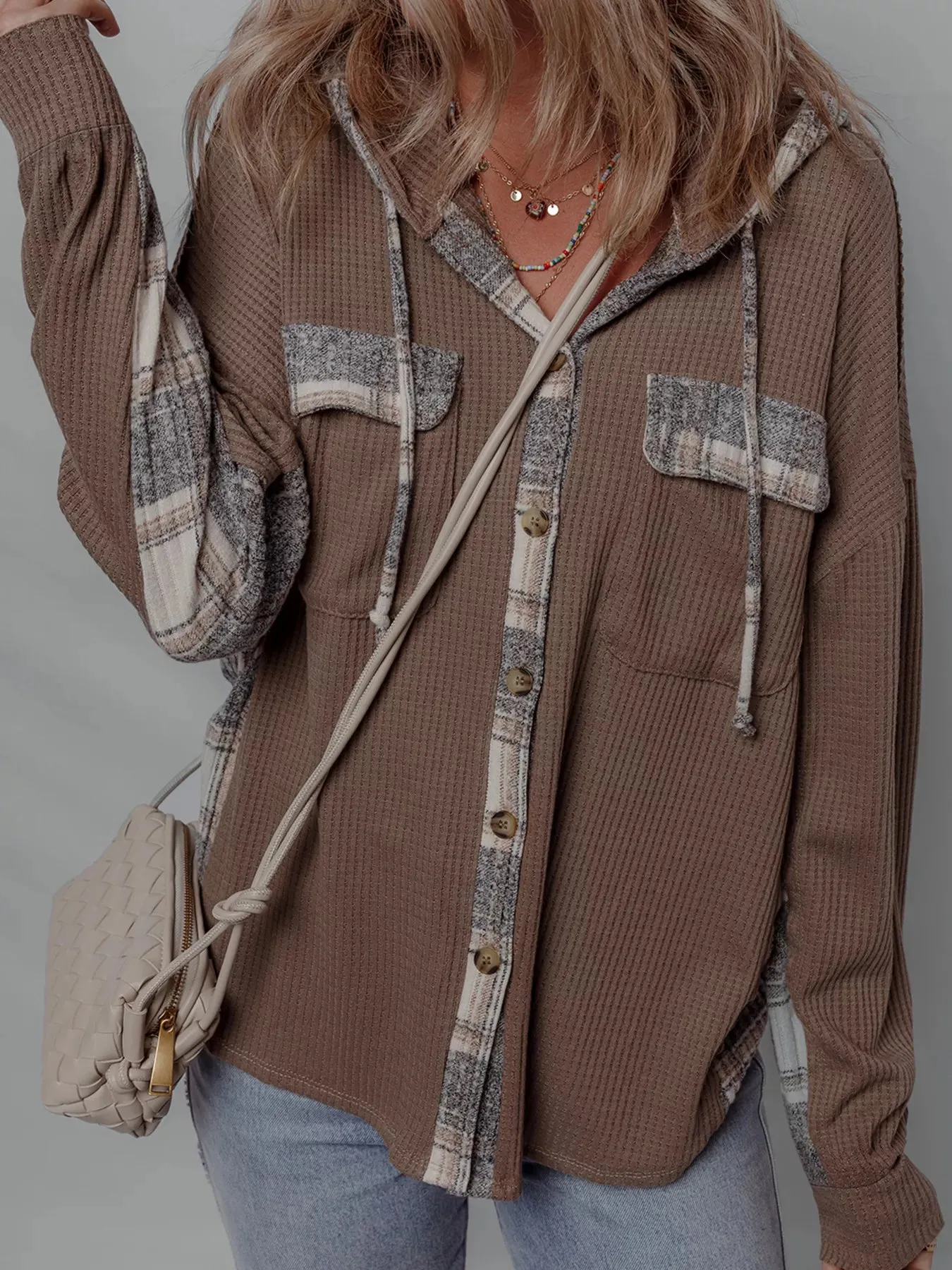 Plaid Patchwork Button Down Drawstring Hooded Shacket sold by Charming Charlie