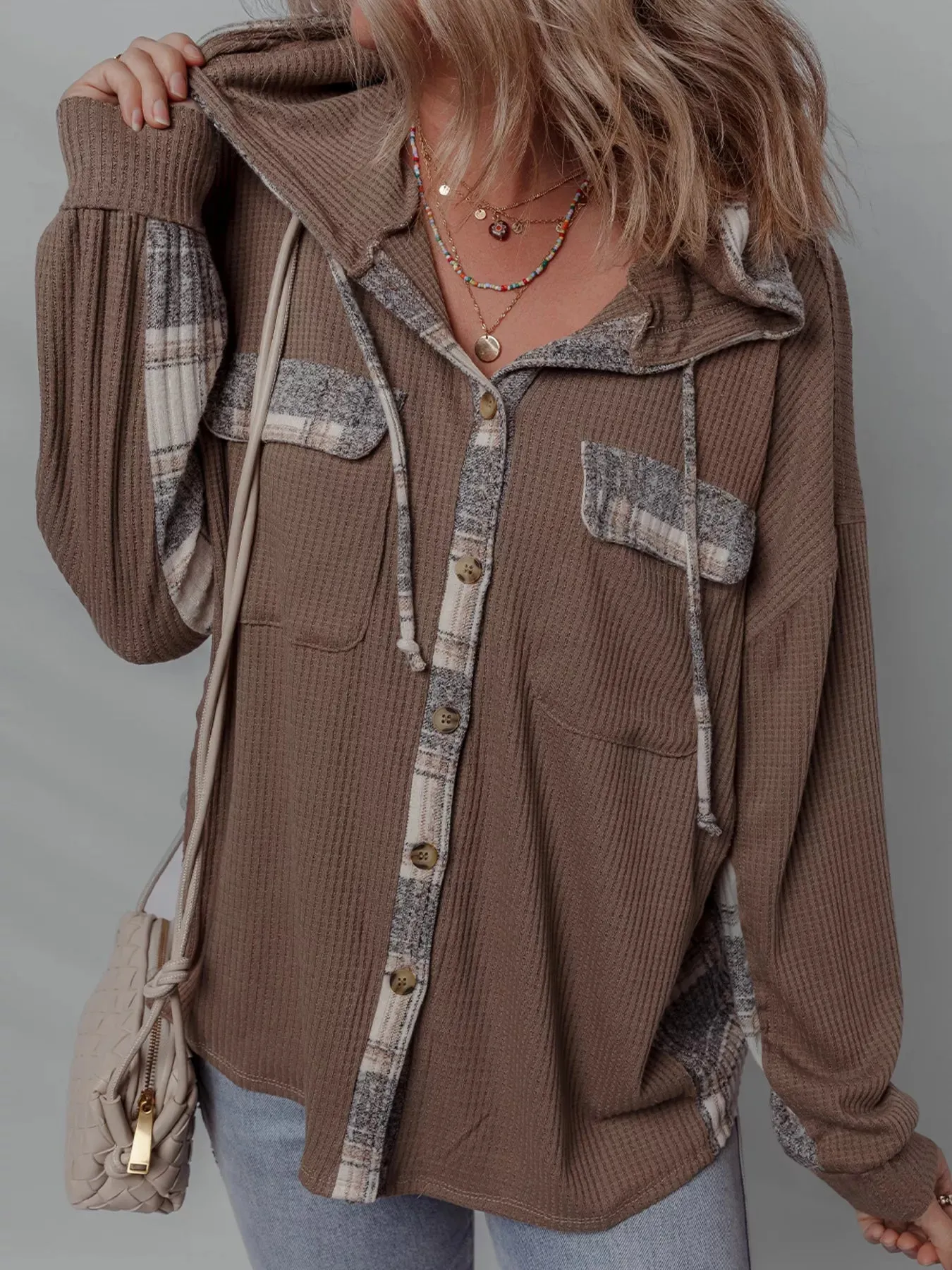 Plaid Patchwork Button Down Drawstring Hooded Shacket sold by Charming Charlie product image thumbnail 3