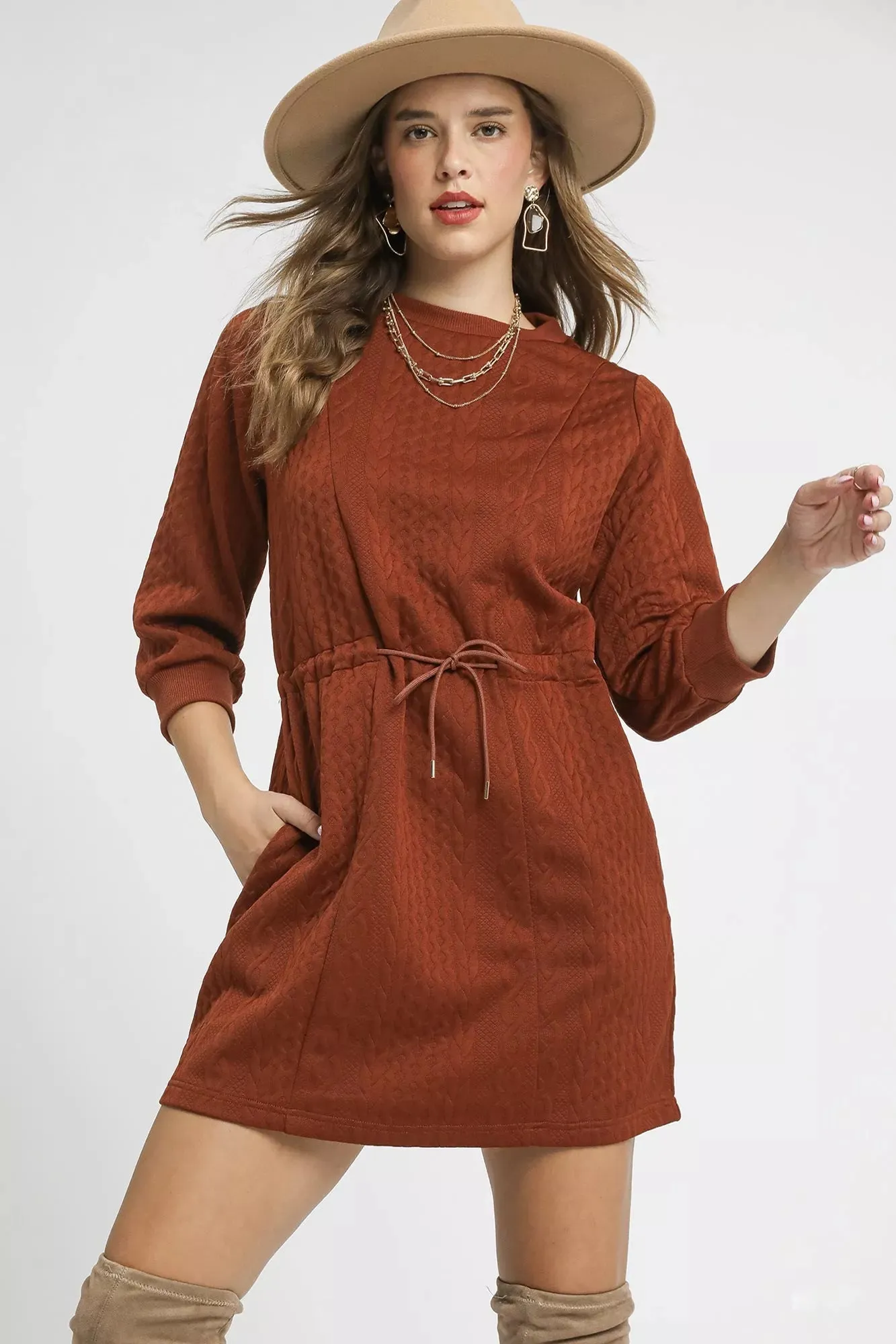 Umgee Drawstring Cable Knit Mini Dress with Pockets sold by Charming Charlie