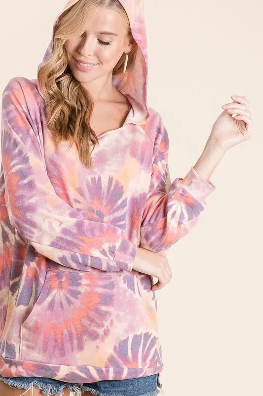 BiBi Circular Tie Dye Print Terry Hoodie with Kangaroo sold by Charming Charlie product image thumbnail 2