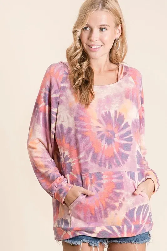 BiBi Circular Tie Dye Print Terry Hoodie with Kangaroo sold by Charming Charlie