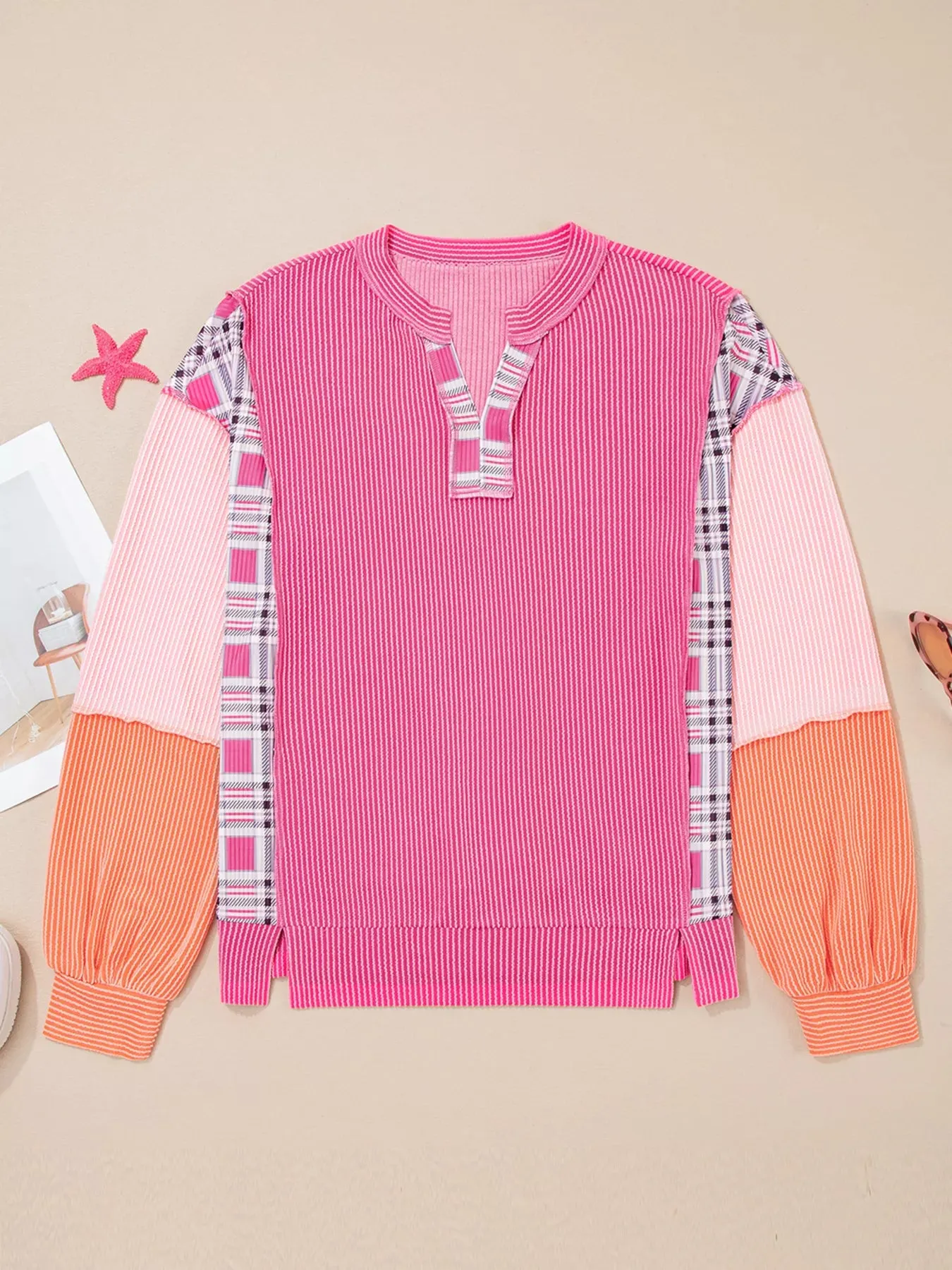 Corded Texture Plaid Color Block Patchwork Split Neck Long Sleeve Top sold by Charming Charlie product image thumbnail 2