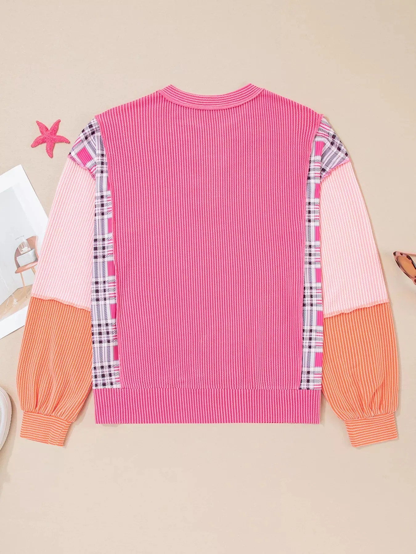 Corded Texture Plaid Color Block Patchwork Split Neck Long Sleeve Top sold by Charming Charlie product image thumbnail 3