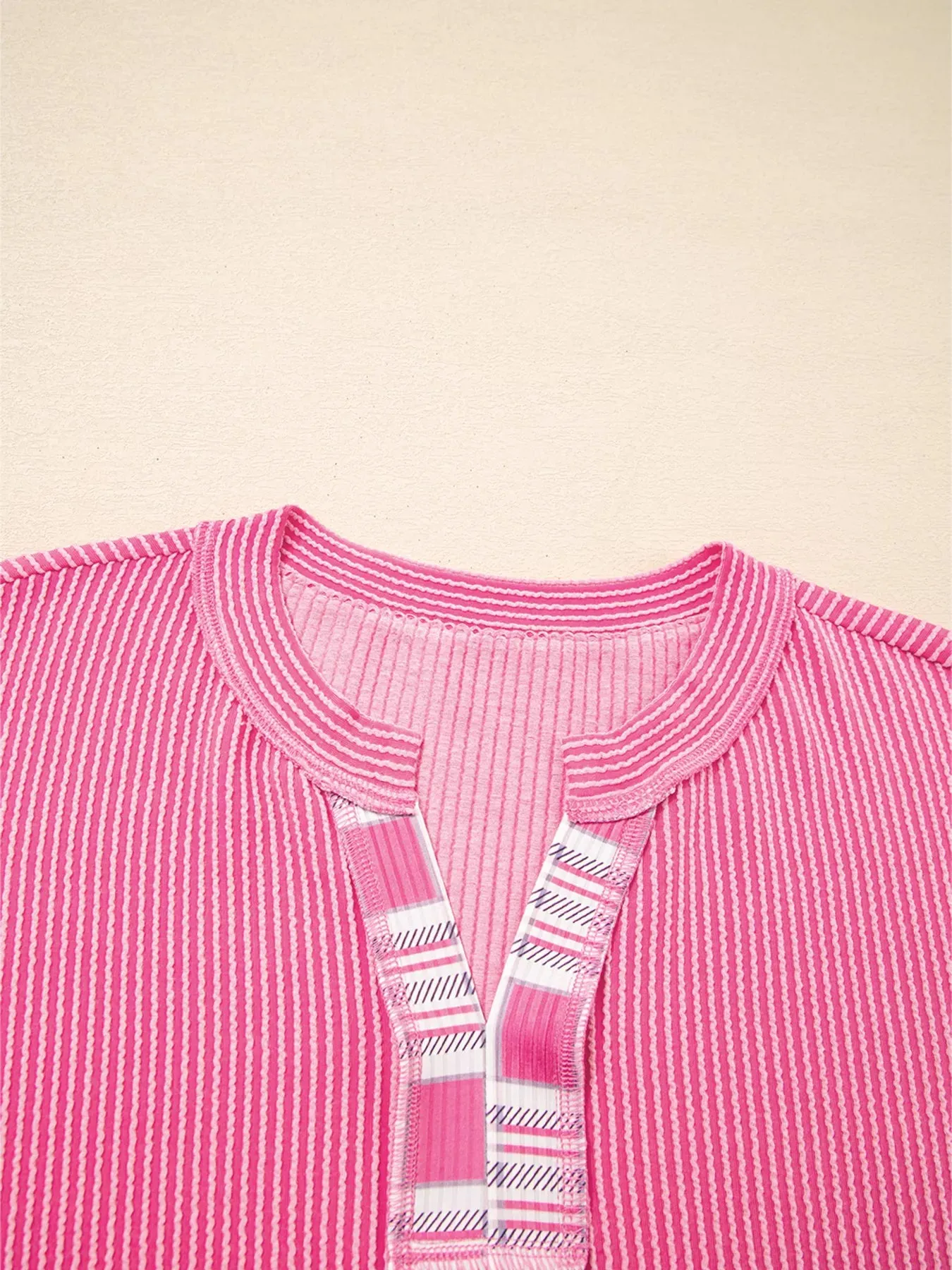 Corded Texture Plaid Color Block Patchwork Split Neck Long Sleeve Top sold by Charming Charlie product image thumbnail 4