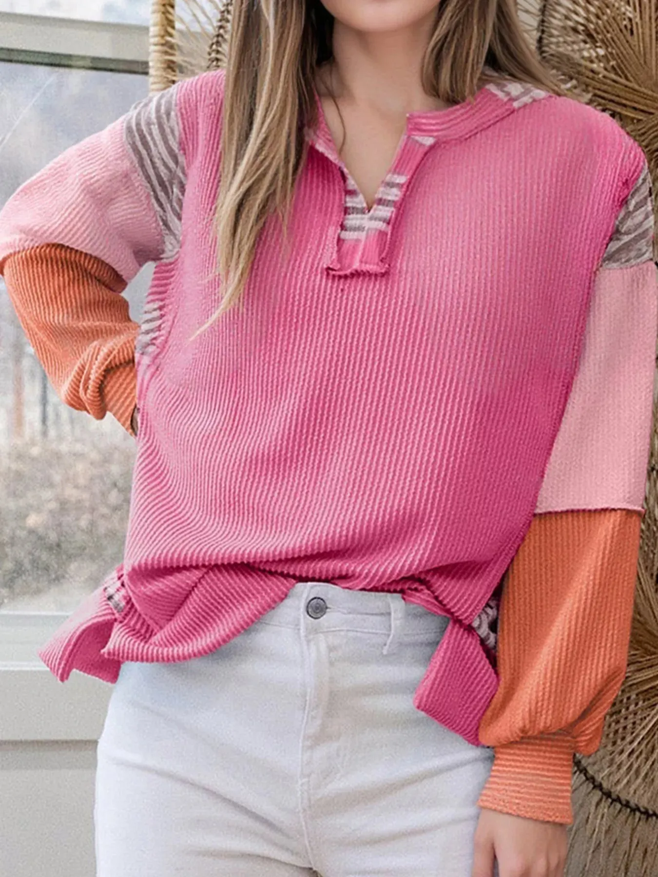 Corded Texture Plaid Color Block Patchwork Split Neck Long Sleeve Top sold by Charming Charlie