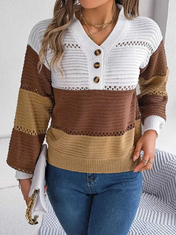 Color Block Striped V-Neck Button Detail Sweater sold by Charming Charlie