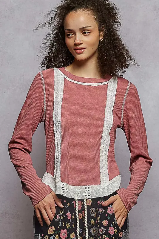 POL Contrast Round Neck Long Sleeve Ribbed Top with Eyelet Patch sold by Charming Charlie