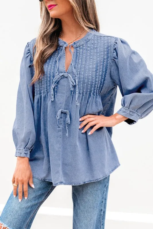Solid Denim Pleated Bow Tie Puff Sleeve Top sold by Charming Charlie product image thumbnail 5