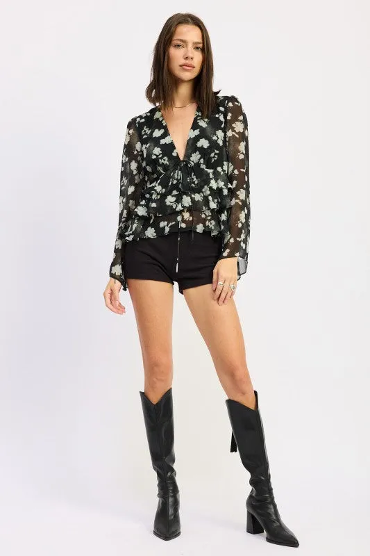 FLORAL TIE FRONT RUFFLED BLOUSE sold by Charming Charlie product image thumbnail 5