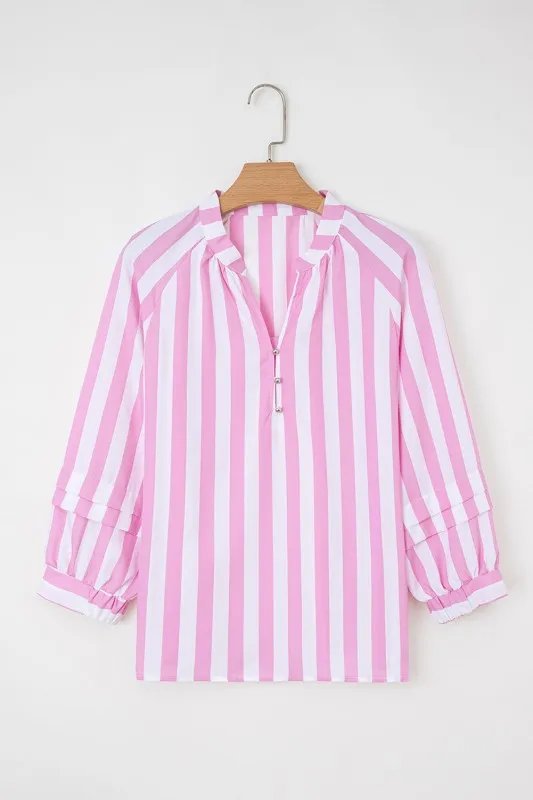 Stripe Puff Sleeve Buttoned V-Neck Blouse sold by Charming Charlie