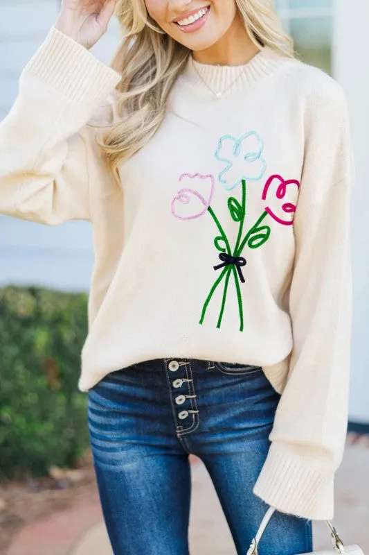 Embroidered Flower Ribbed Loose Sweater sold by Charming Charlie