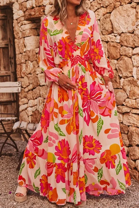 Floral V-Neck Puff Sleeve Maxi Dress sold by Charming Charlie