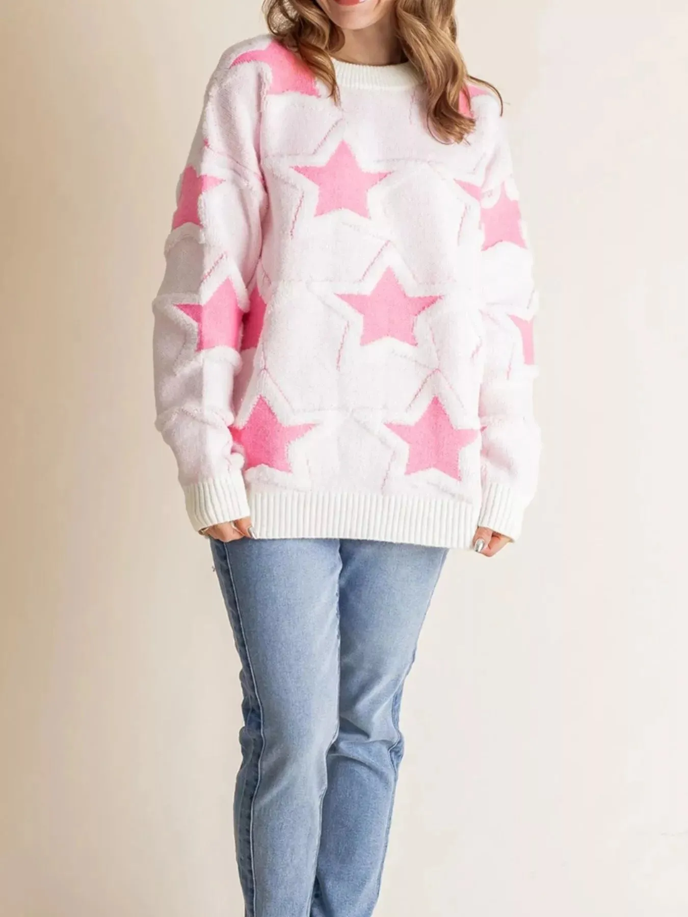 Oversized Star Pattern Ribbed Edge Drop Shoulder Sweater sold by Charming Charlie product image thumbnail 4