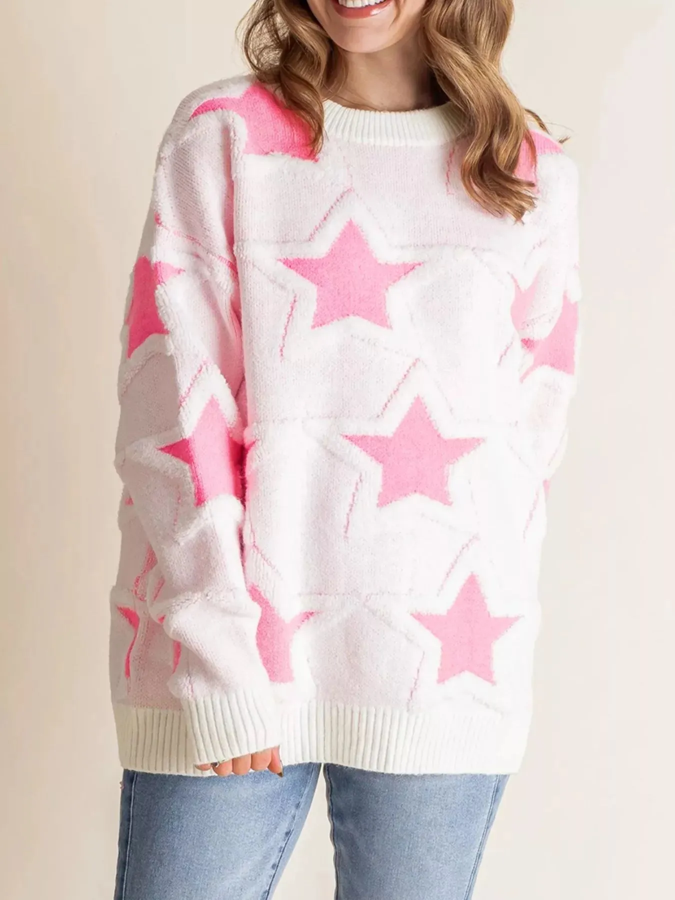 Oversized Star Pattern Ribbed Edge Drop Shoulder Sweater sold by Charming Charlie