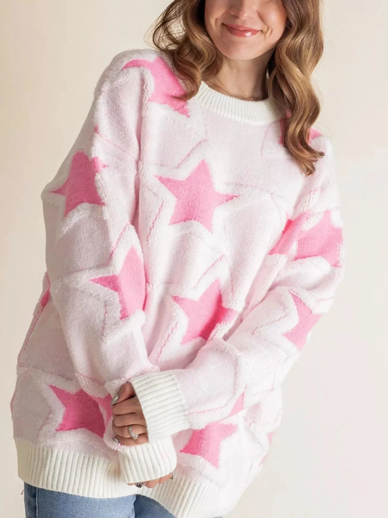 Oversized Star Pattern Ribbed Edge Drop Shoulder Sweater sold by Charming Charlie product image thumbnail 3