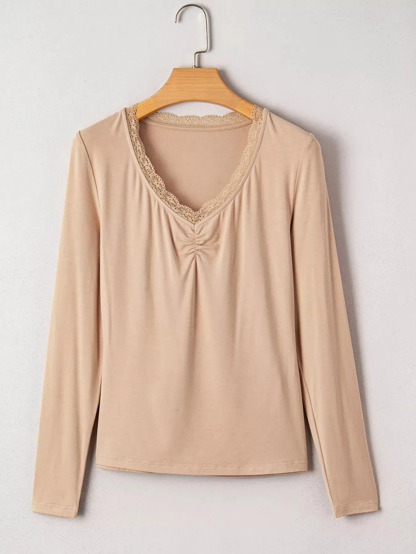 Lace-Trimmed Ruched Detail Long Sleeve T-Shirt sold by Charming Charlie product image thumbnail 3