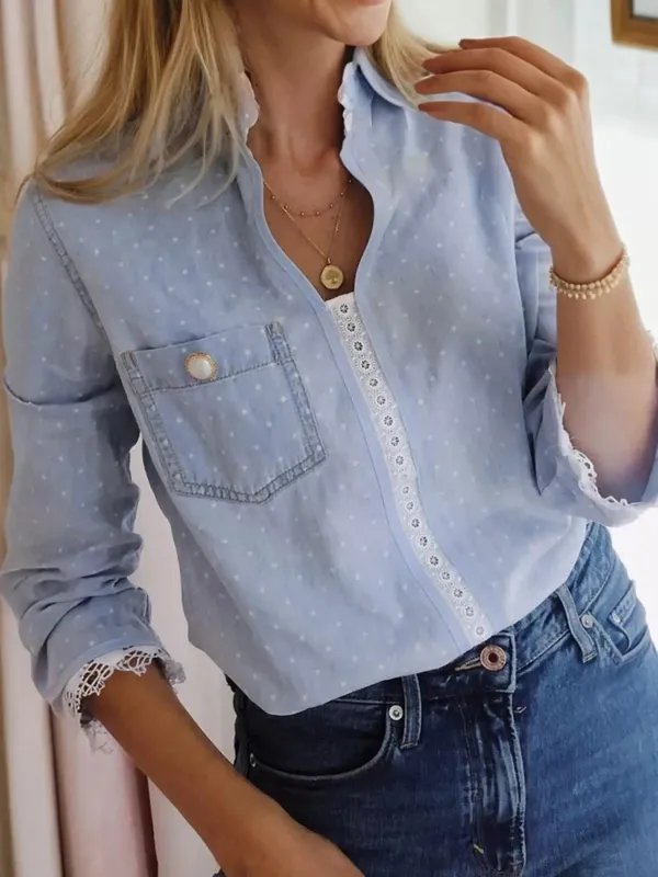 Lace Trim Patchwork Dotted Print Collared Blouse sold by Charming Charlie