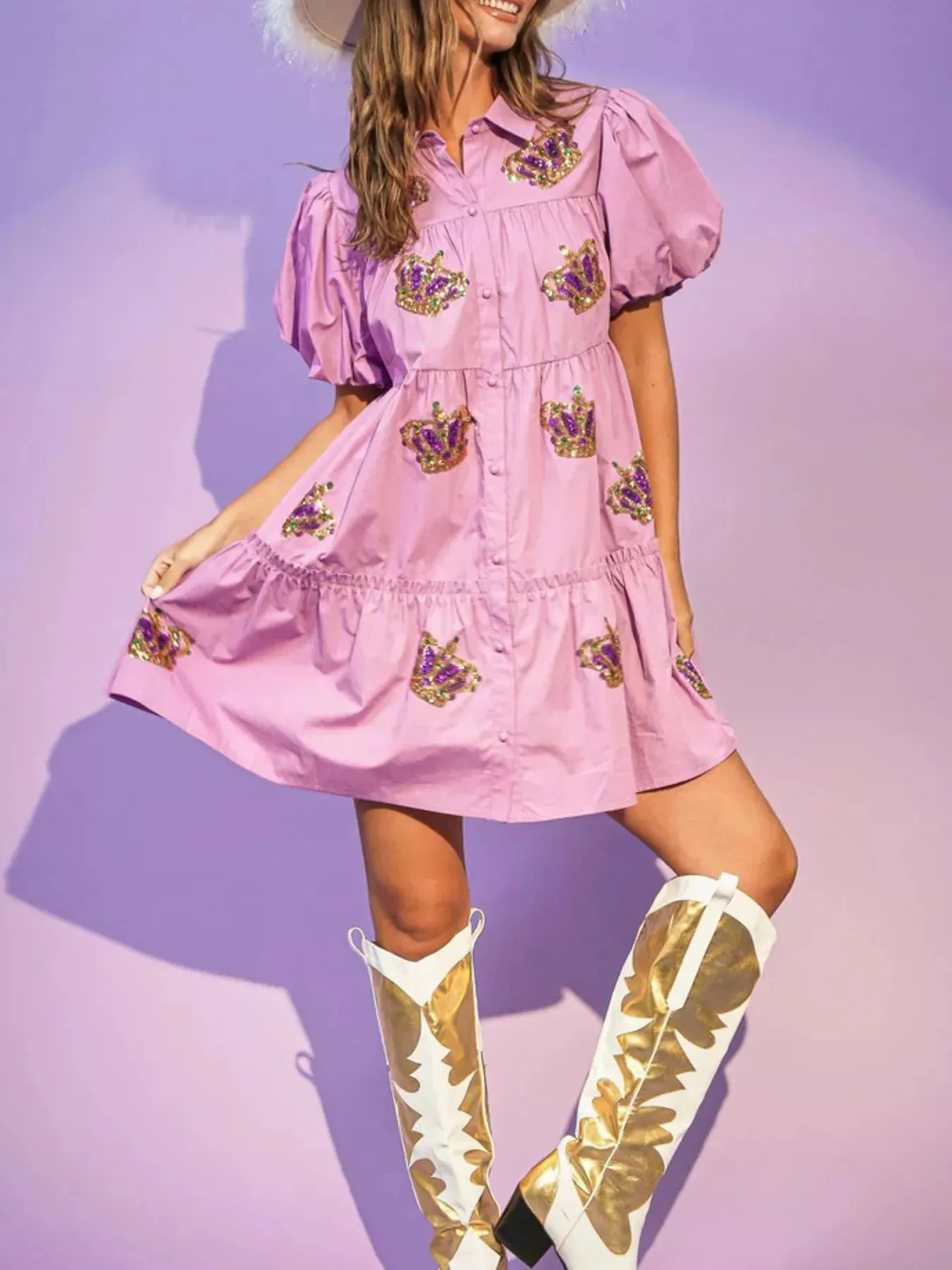 Full Size Sequin Button Front Puff Sleeve Shirt Dress Plus Size sold by Charming Charlie product image thumbnail 4