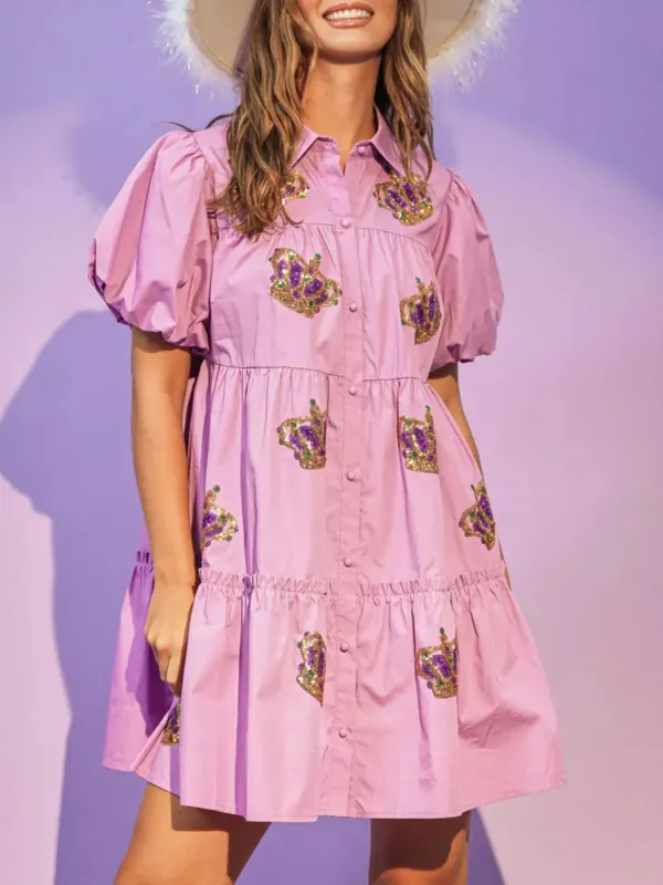 Full Size Sequin Button Front Puff Sleeve Shirt Dress Plus Size sold by Charming Charlie