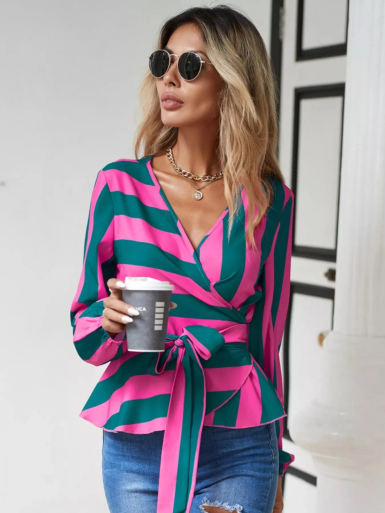Striped Wrap Blouse with Tie Detail sold by Charming Charlie product image thumbnail 3