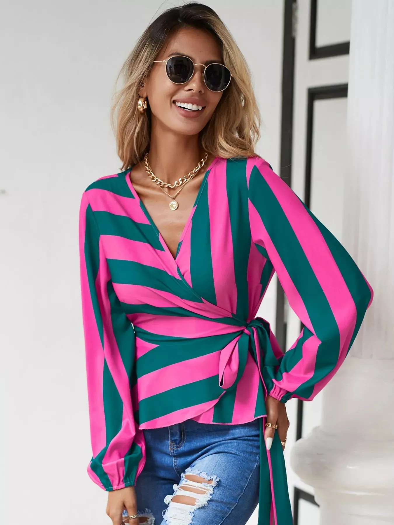 Striped Wrap Blouse with Tie Detail sold by Charming Charlie product image thumbnail 4