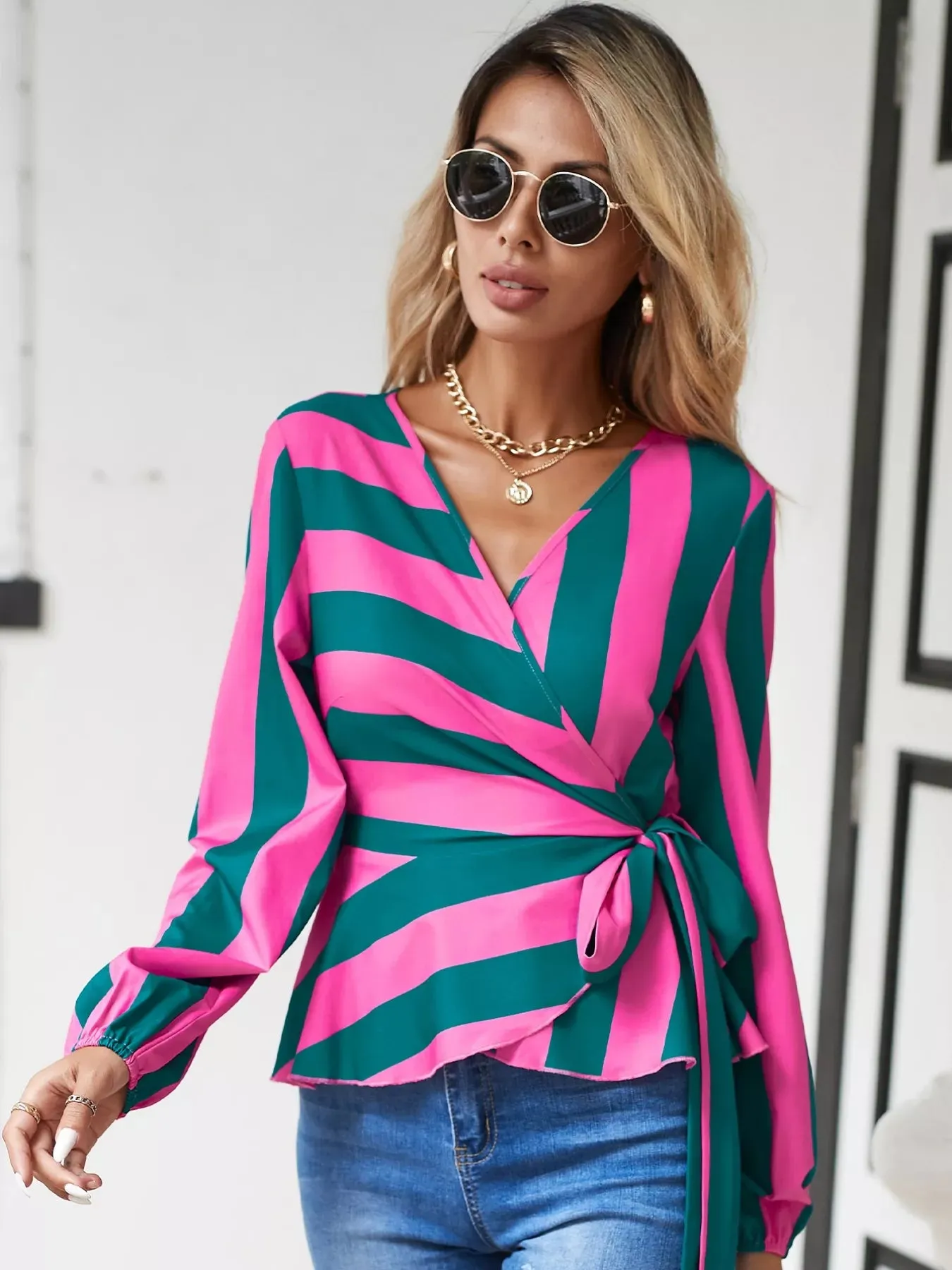 Striped Wrap Blouse with Tie Detail sold by Charming Charlie product image thumbnail 5
